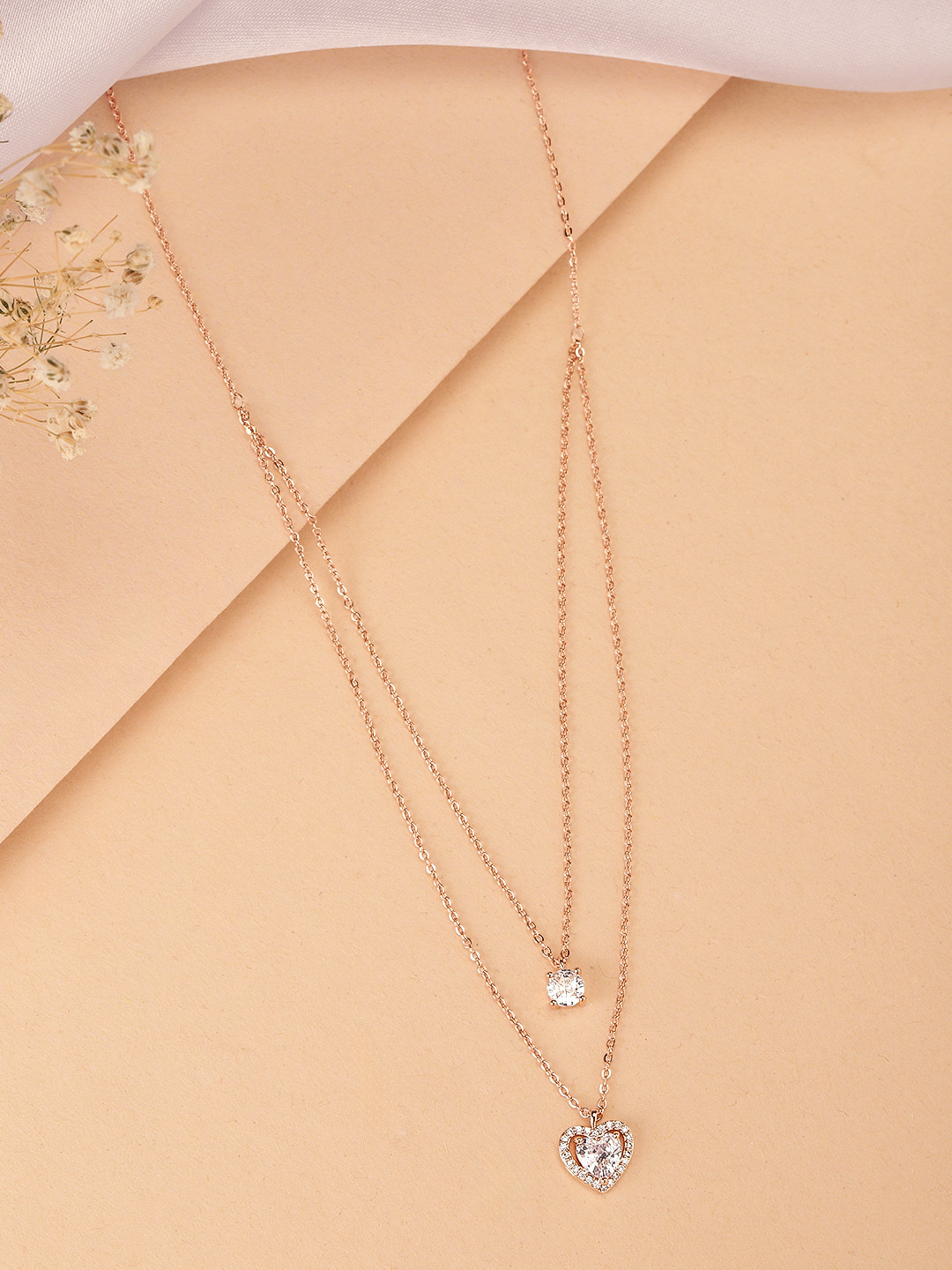 Peora Rose Gold-Plated Crystal & Mother Of Pearl Studded Heart Shaped Pendant With Chain