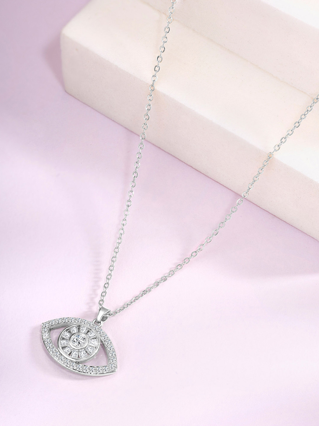 Peora Silver-Plated Cubic Zirconia Stone Studded Evil Eye Shape Pendant With Chain