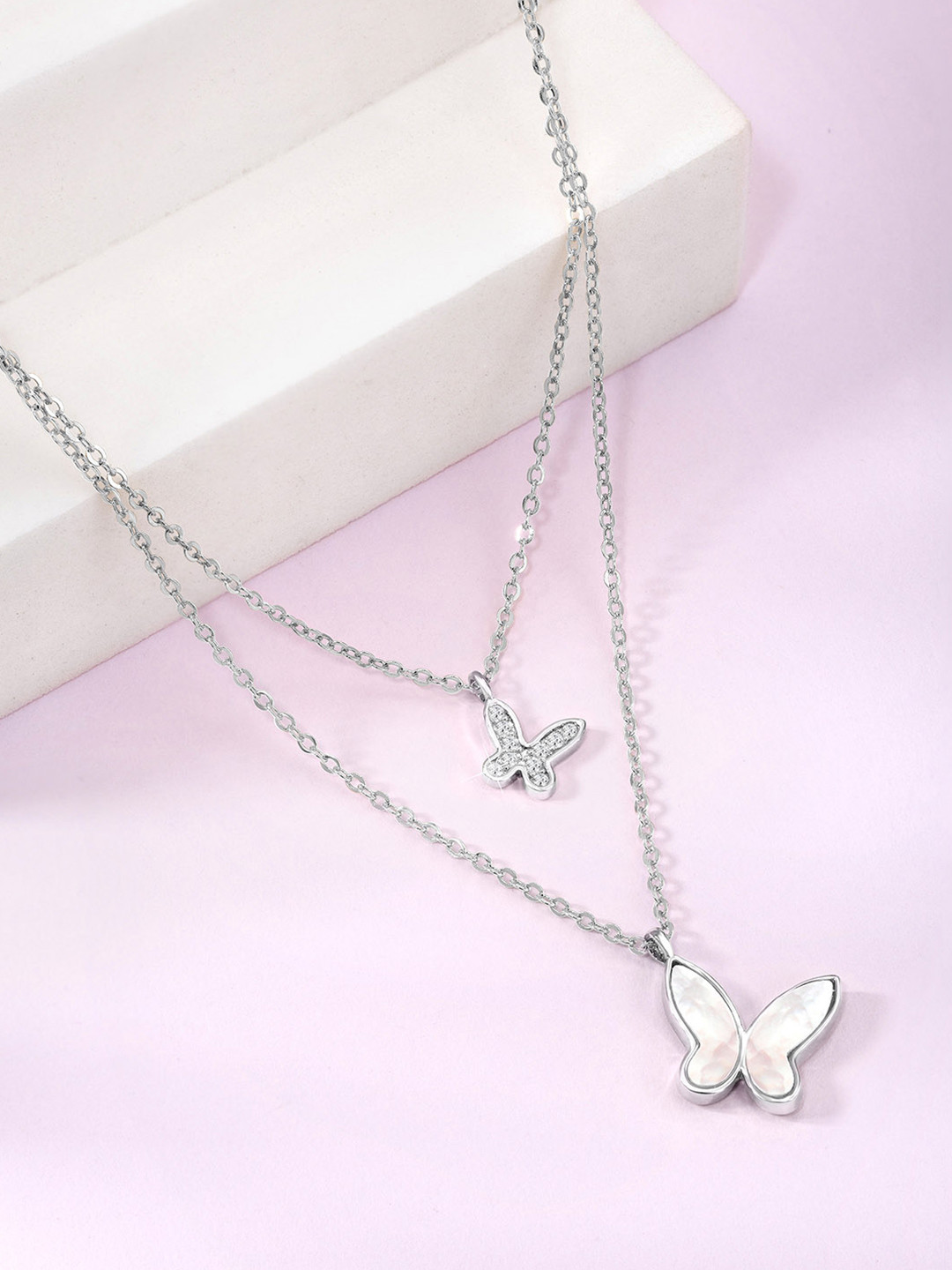 Peora Silver-Plated Cubic Zirconia Stone Studded Butterfly Shape Two Layered Necklace
