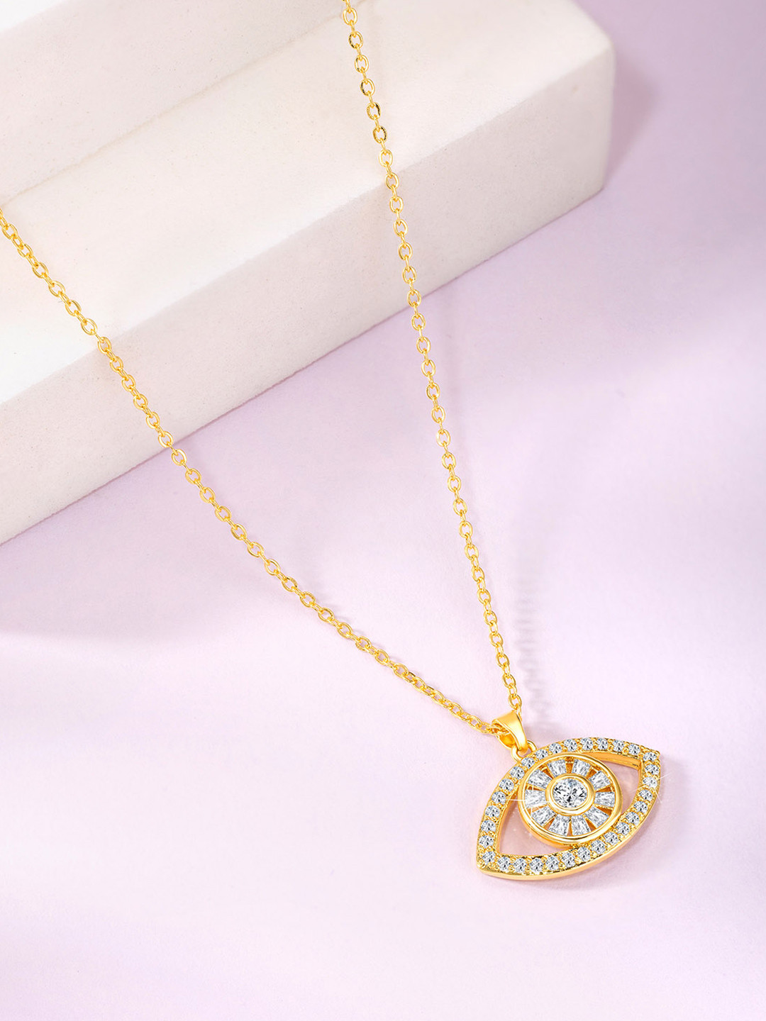 Peora Gold-Plated CZ-Studded Eye Shape Pendant With Chain