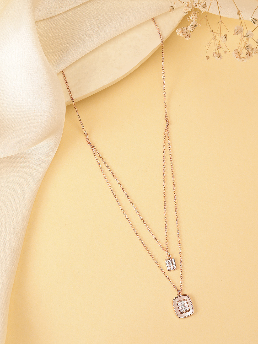 Peora Rose Gold-Plated CZ-Studded Two Layered Pendant With Chain