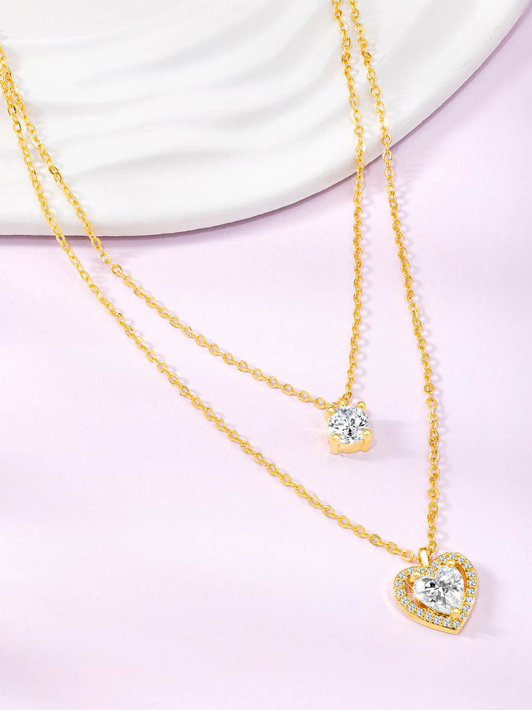 Peora Gold-Plated CZ-Studded Two Layer Heart Shape Pendant With Chain