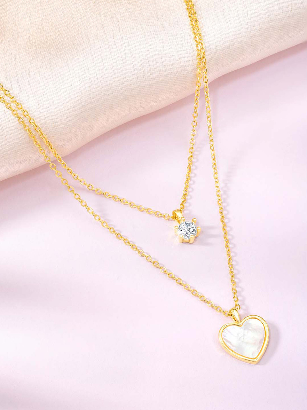 Peora Gold-Plated Crystal-Studded Two Layer Heart Shaped Pendant With Chain
