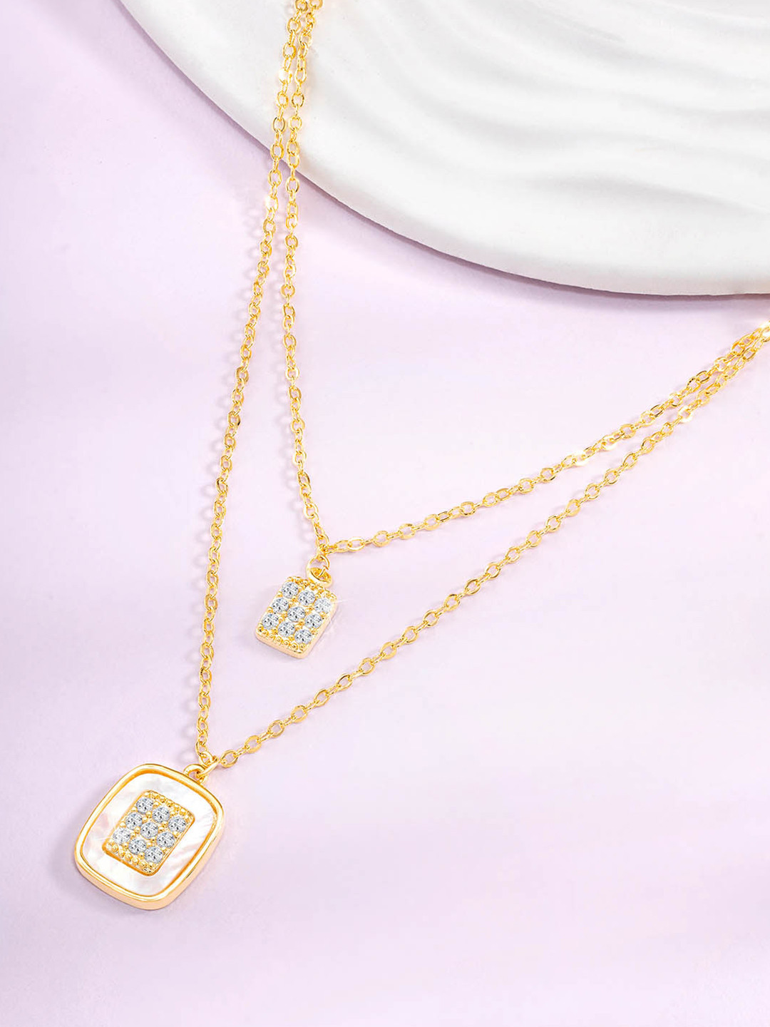Peora Gold-Plated CZ-Studded Two Layered Pendant With Chain