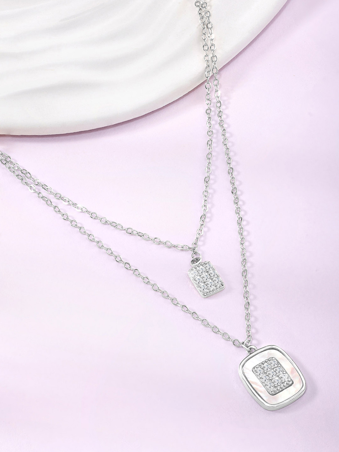 Peora Silver-Plated Cubic Zirconia Stone Studded Two Layered Necklace