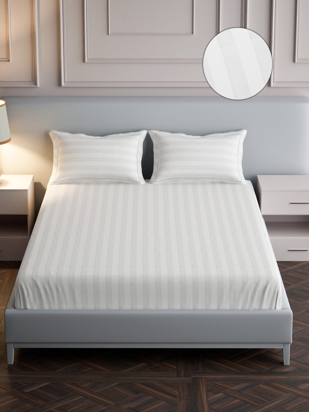 Mulberry Living Elysian Stripes White Striped Cotton 300 TC King Fine Bedsheet with 2 Pillow Covers-274 x 274 cm