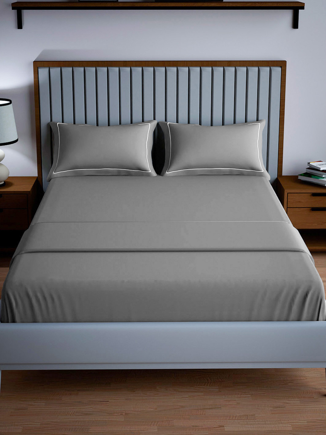 Mulberry Living Grey Solid Pure Cotton 250 TC Queen Fine Bedsheet with 2 Pillow Covers-228 x 274 cm