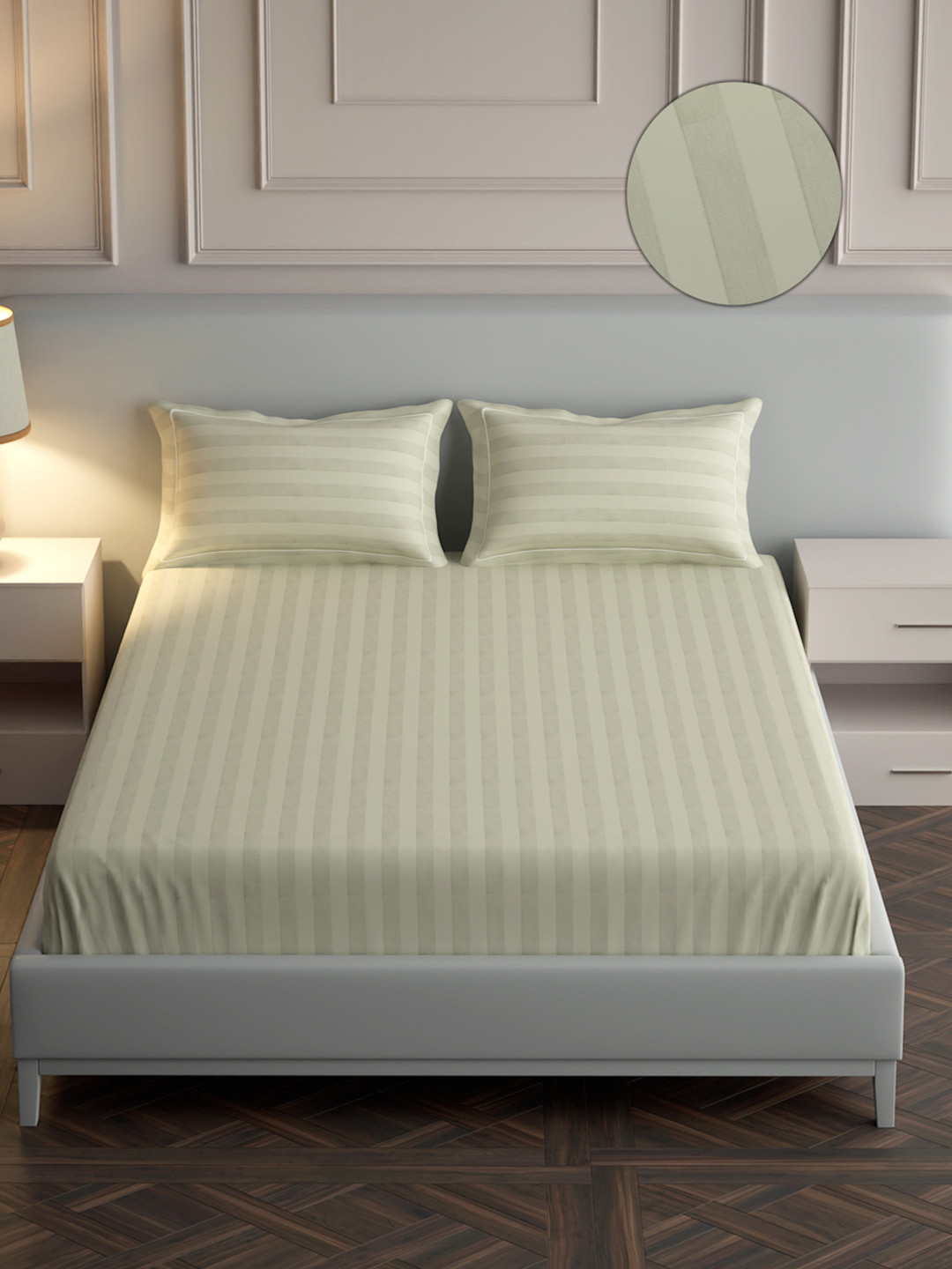 Mulberry Living Elysian Off White Striped Cotton 300 TC King Fine Bedsheet with 2 Pillow Covers-108 x 108 inches