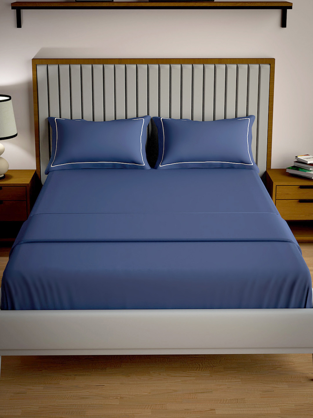Mulberry Living Serenity Solids Navy Blue Solid Cotton 250 TC Queen Fine Bedsheet with 2 Pillow Covers-228.6 x 274.32 cm