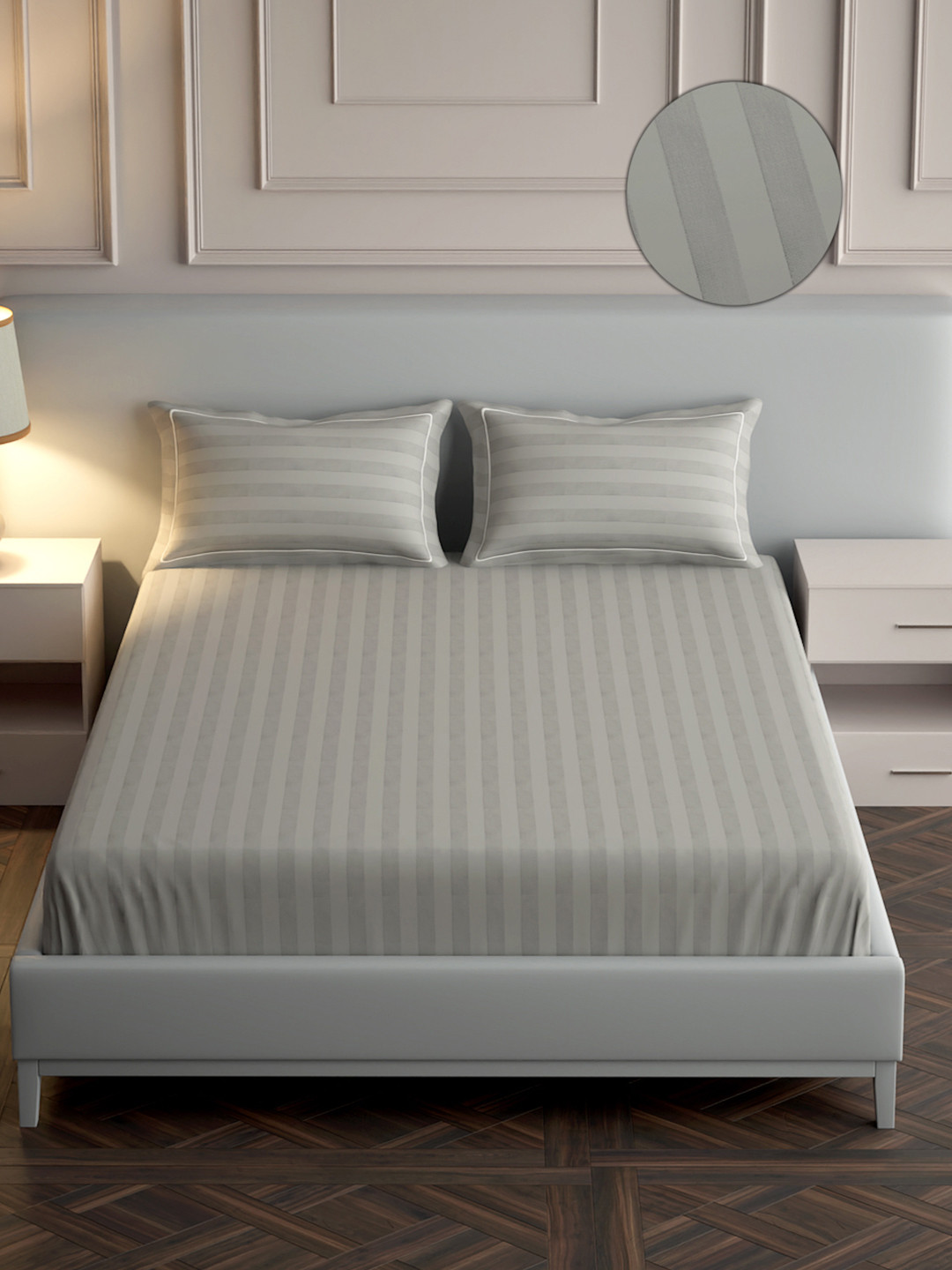 Mulberry Living Grey Striped Cotton 300 TC King Fine Bedsheet with 2 Pillow Covers-274.32 x 274.32 cm