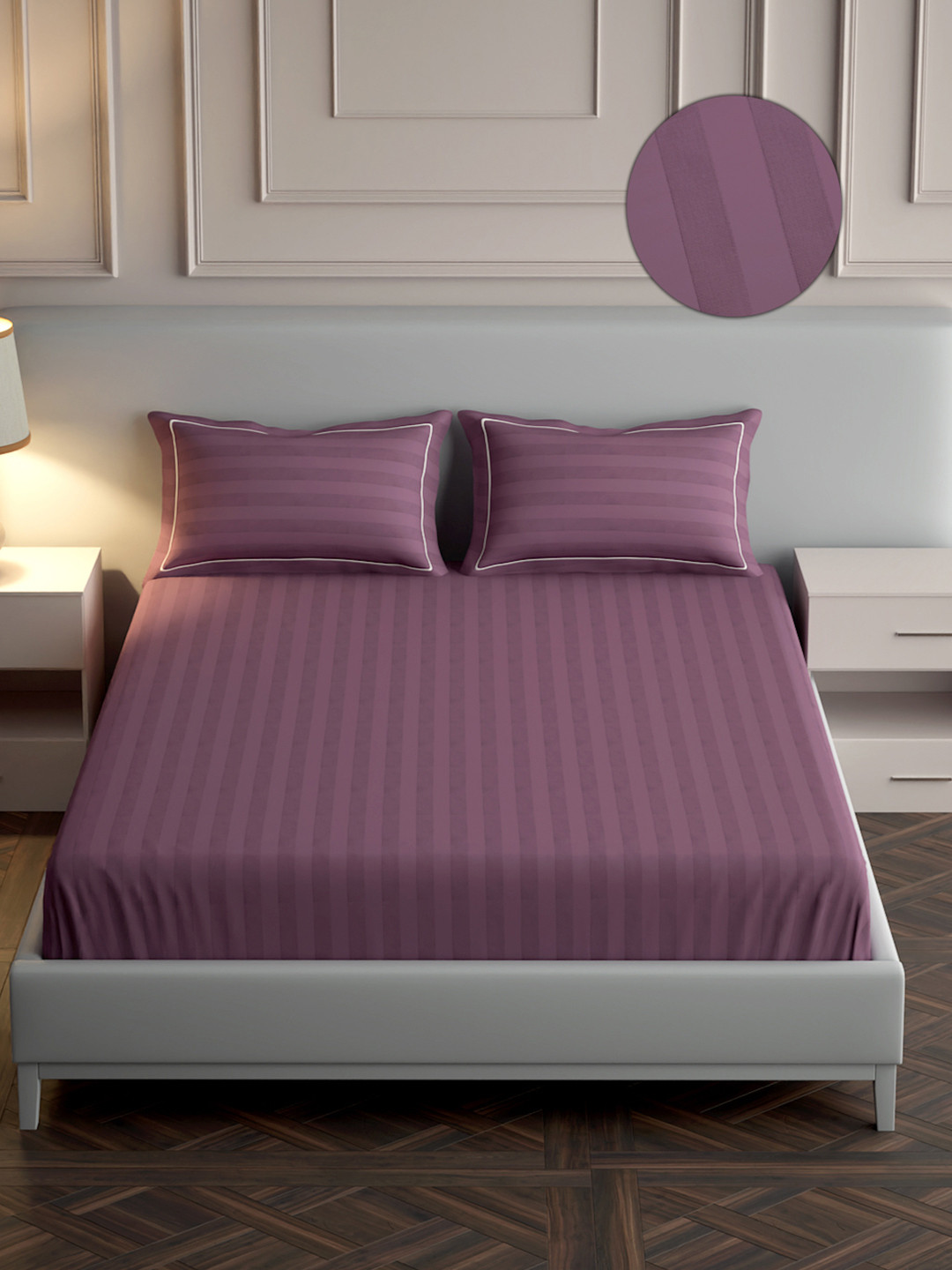 Mulberry Living Elysian Stripes Purple Striped Pure Cotton 300 TC Queen Fine Bedsheet with 2 Pillow Covers-90 x 108 inches