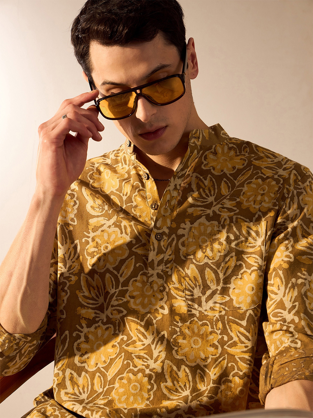 DENNISON Hand Block Printed Mandarin Collar Cotton Short Kurta