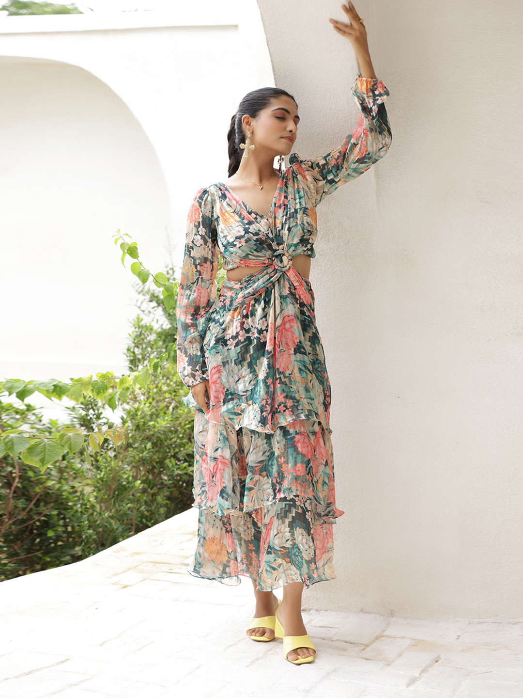 Tasya India Embellished Print Flared Sleeve Chiffon Fit & Flare Midi Dress