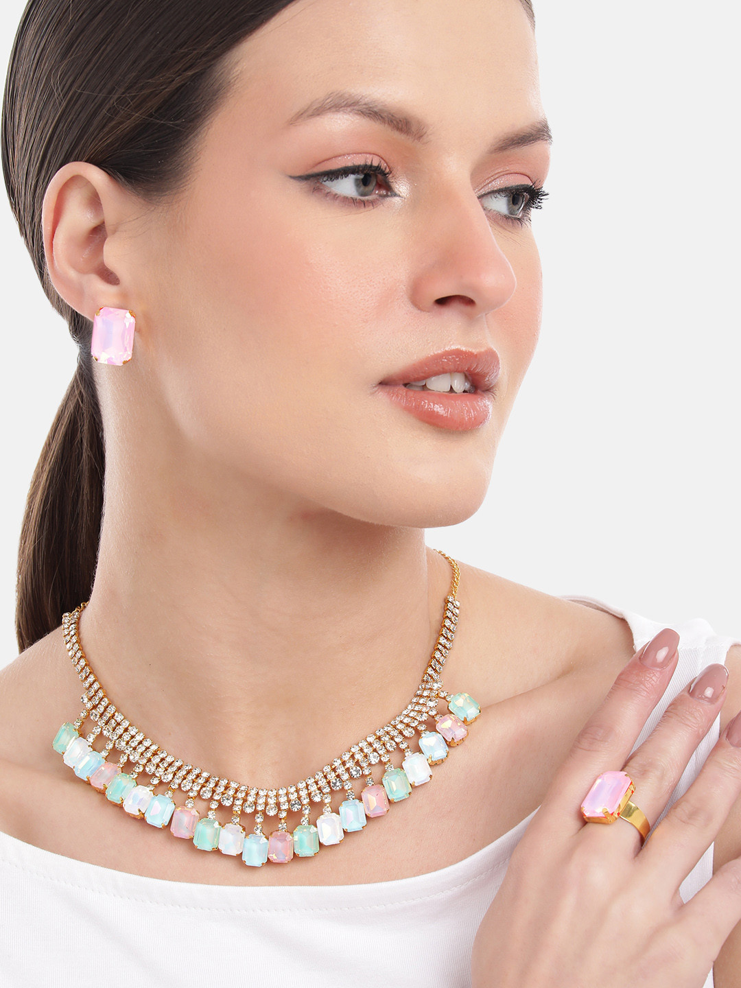 MANSIYAORANGE 18K Gold-Plated Cubic Zirconia & Diamond Crystal Stone-Studded Jewellery Set