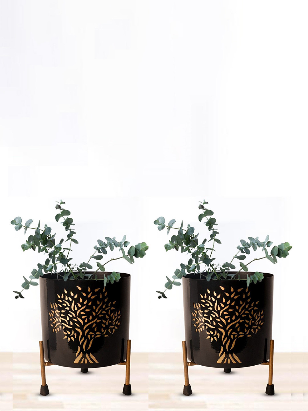 Nymph Reva Black & Gold-Toned 2 Pieces Flower Planters With Stand