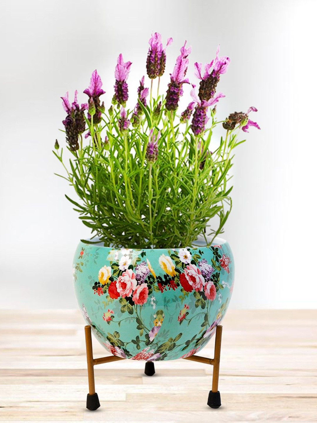 Nymph Reva Home Green & White 2 Pieces Printed Flower Planters With Stand