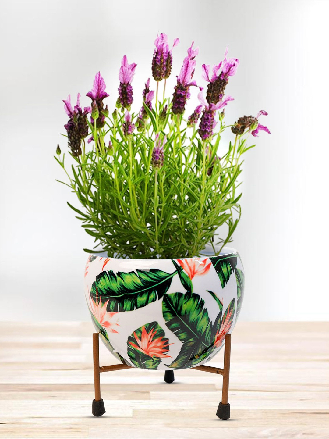 Nymph White & Green 2 Pieces Printed Flower Planters With Stand