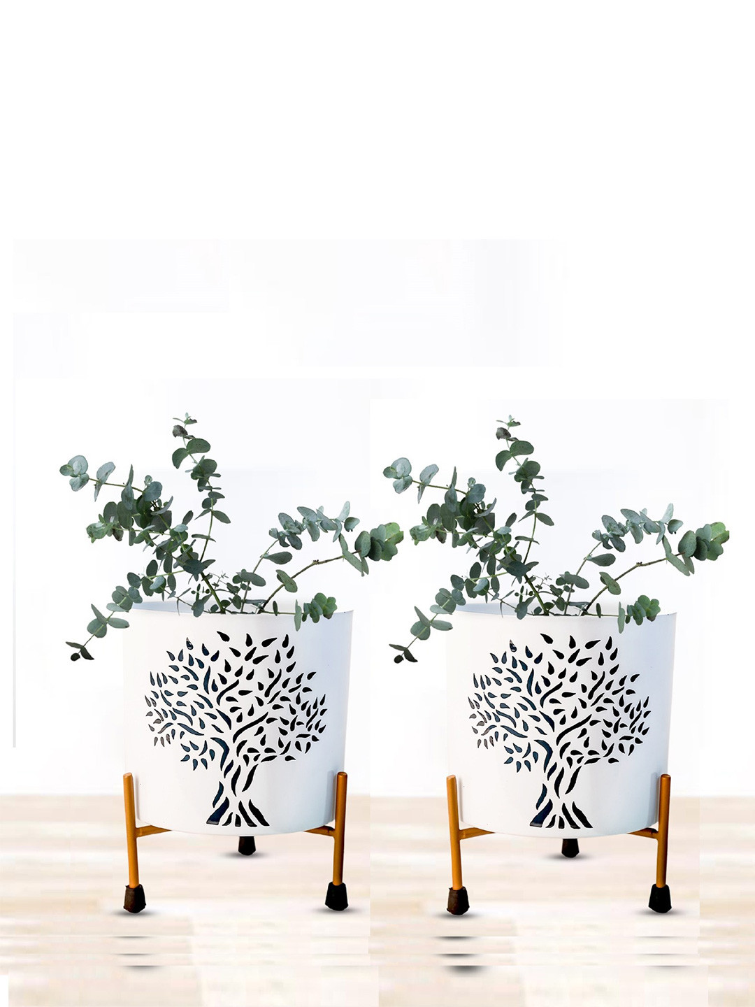 Nymph Reva White & Black 2 Pieces Printed Flower Planters With Stand