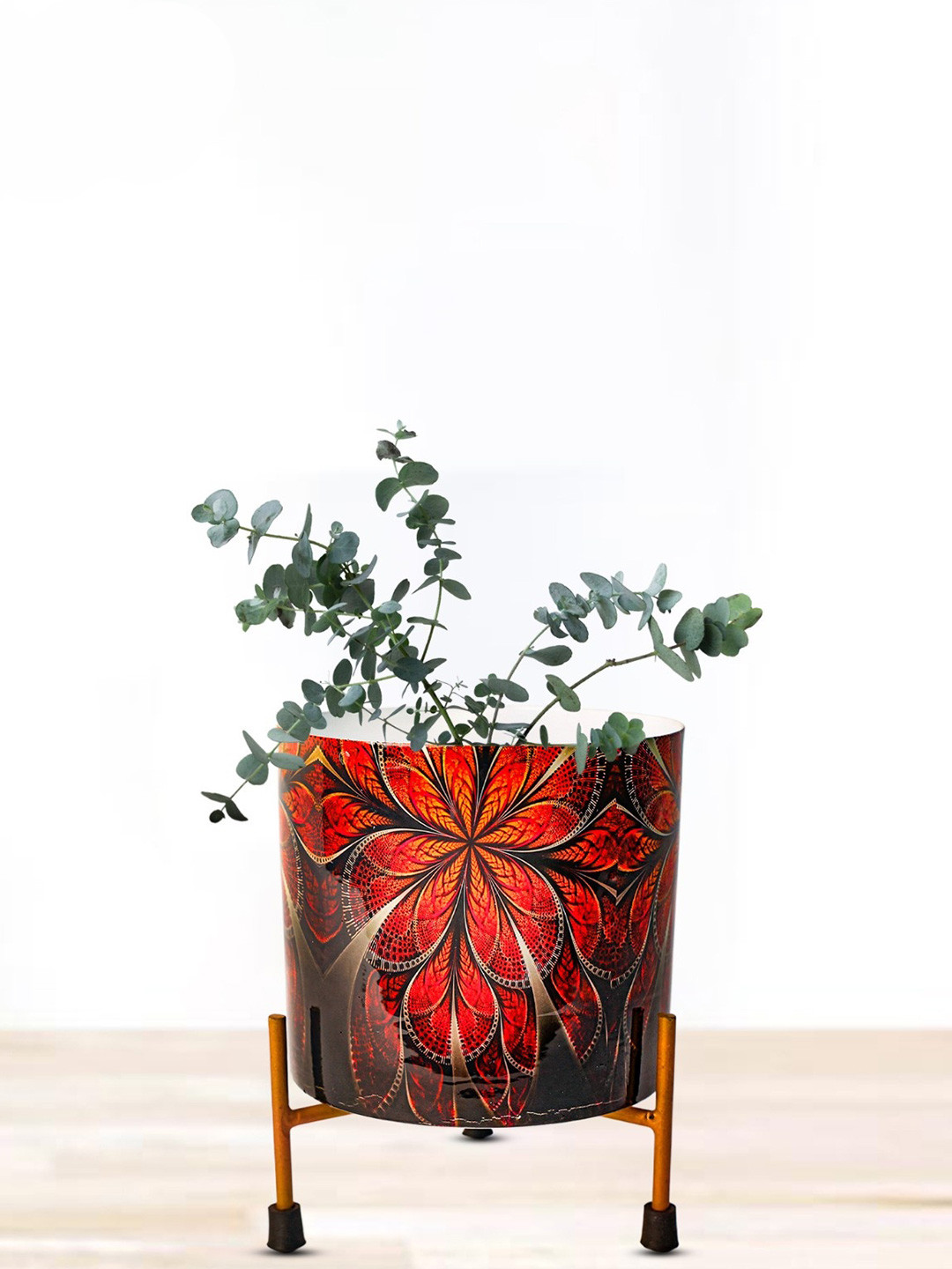Nymph Reva Home Red & Black Printed Indoor Flower Pot With Stand