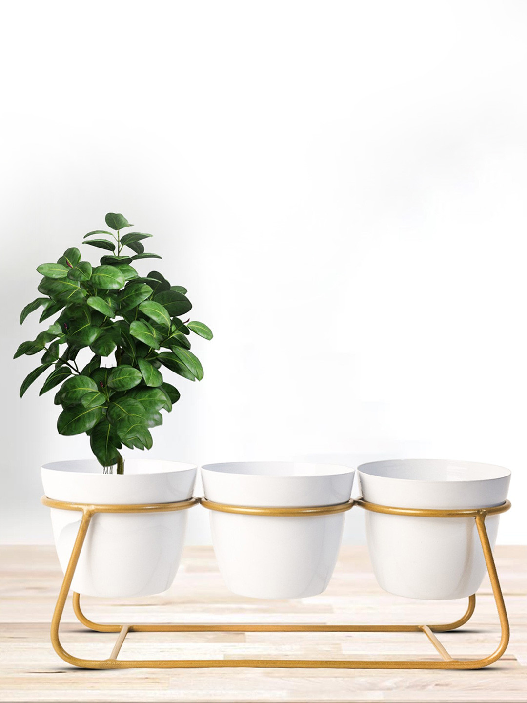 Nymph Reva Home White & Gold Toned 2 Pieces Steel Flower Pot With Stand