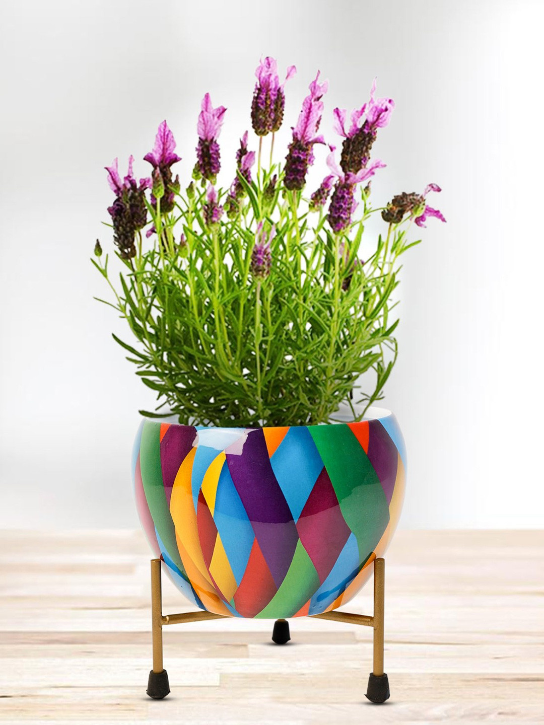 Nymph Reva Home Blue & Yellow Printed Indoor Flower Pot With Stand