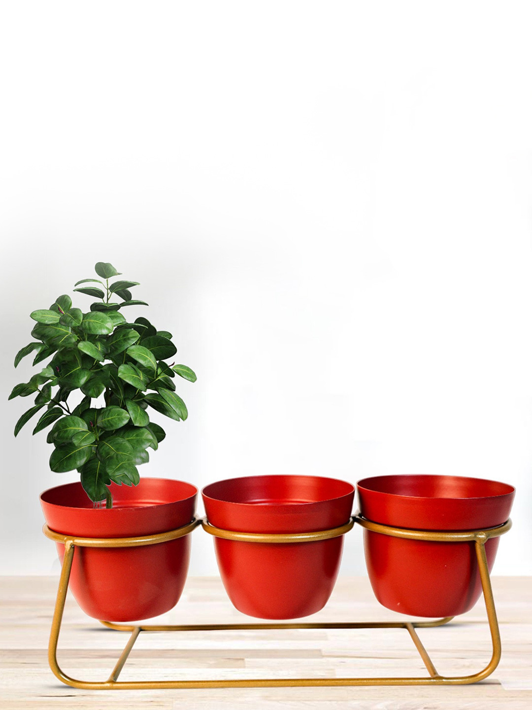 Nymph Red & Gold Toned 2 Pieces Steel Planters With Stand
