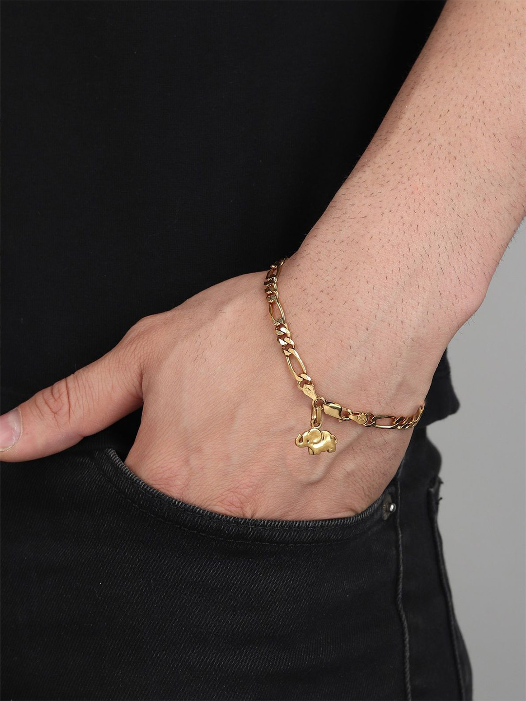 AKSHAT SAPPHIRE Men 925 Sterling Silver Gold-Plated Elephant Symbol Link Bracelet