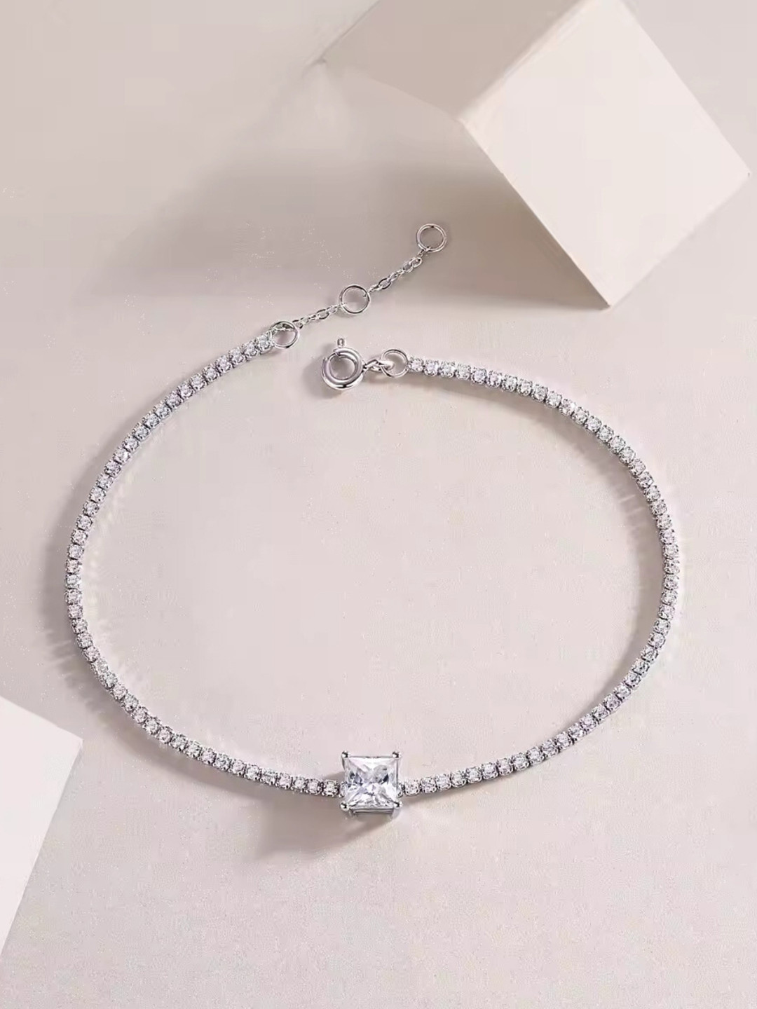 CAUER Rhodium Plated 925 Sterling Silver Cubic Zirconia Link Bracelet