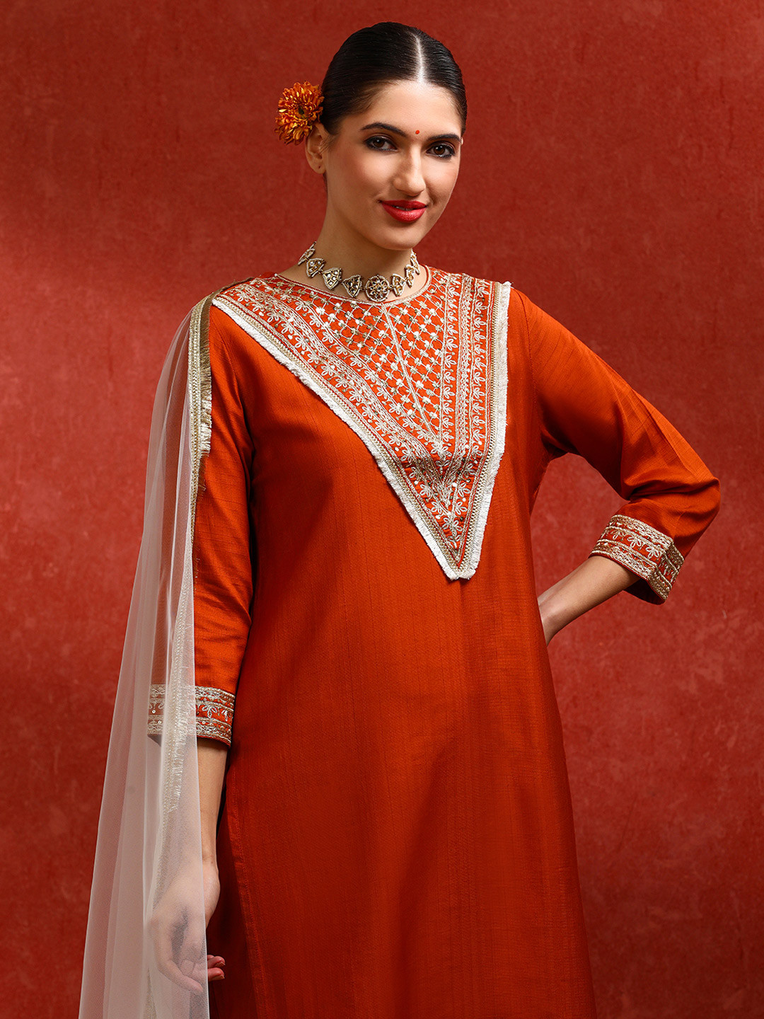 Jaipur Kurti Rust Floral Embroidered Round Neck Straight Kurta With Trousers & Dupatta