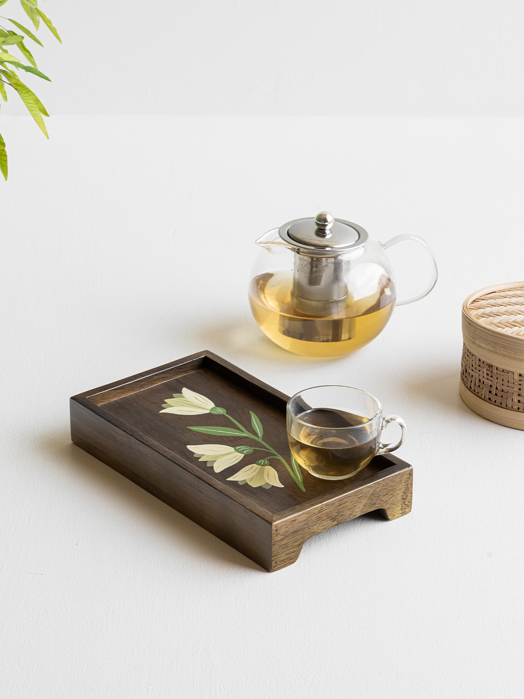 Aurum Crafts Brown and White Wooden Hand-Painted Serving Tray