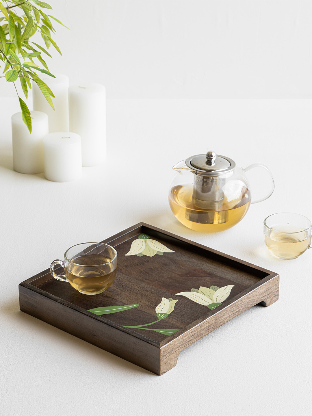 Aurum Crafts Brown and Green Wooden Hand-Painted Serving Tray