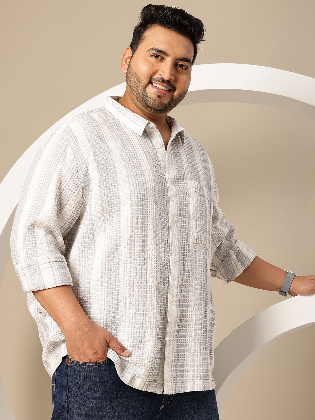 Sztori Plus Size Striped Waffle Knit Pure Cotton Relaxed Fit Casual Shirt