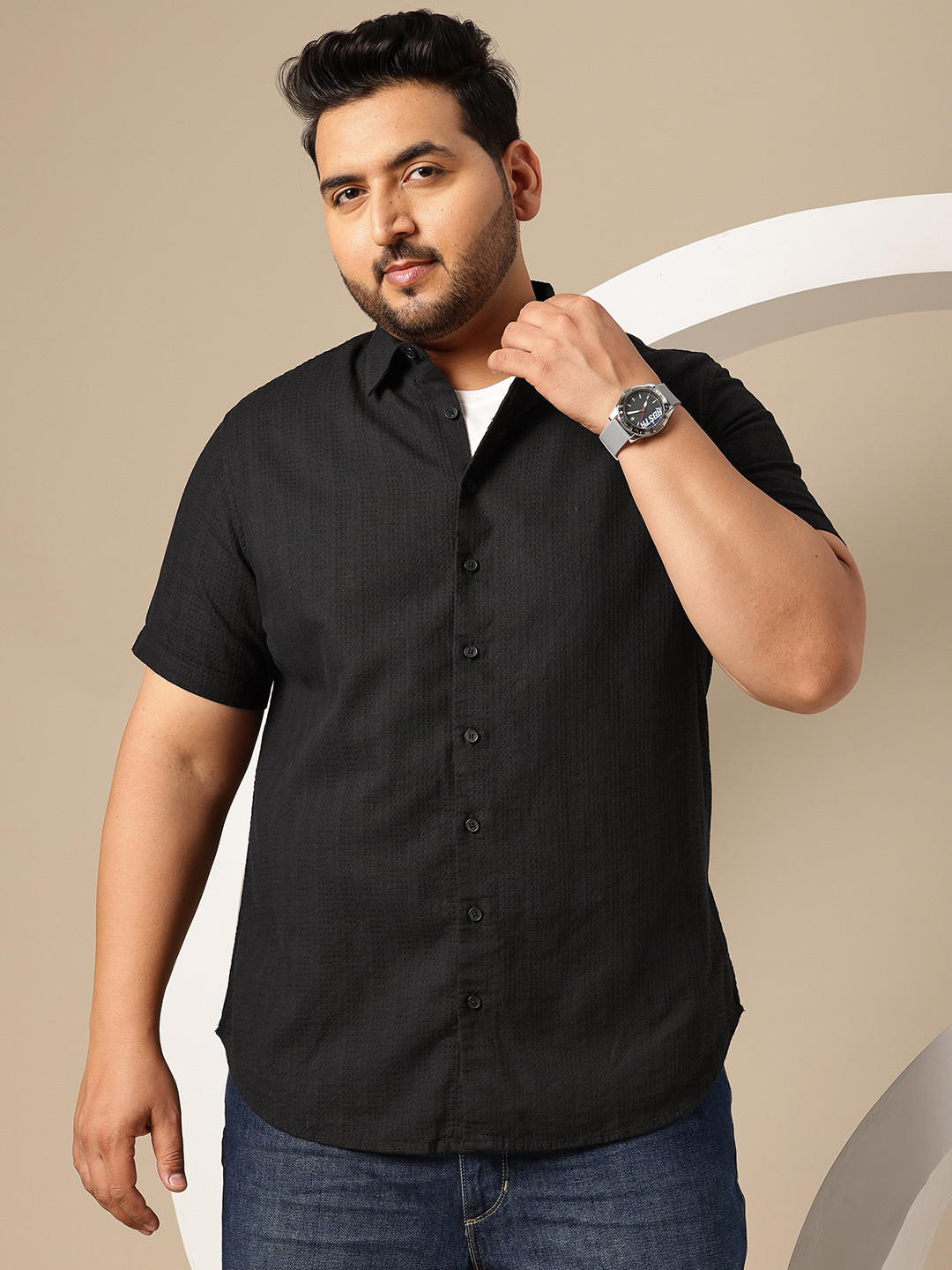 Sztori Plus Size Self Design Pure Cotton Regular Fit Shirt