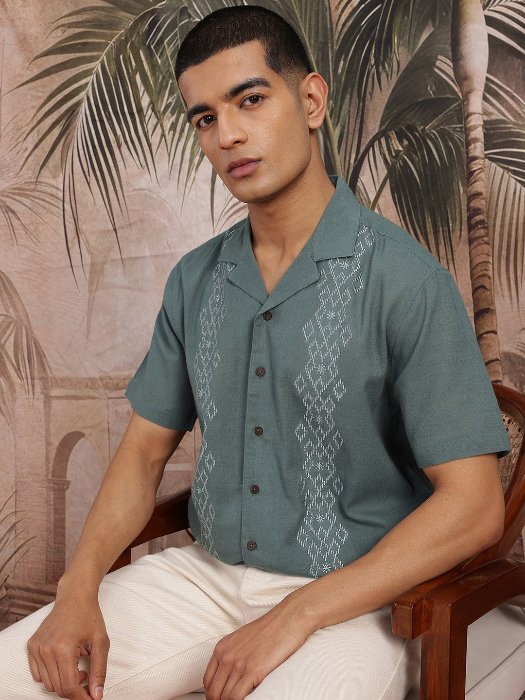 Grey Embroidered Regular Fit Shirt with Ethnic Motifs