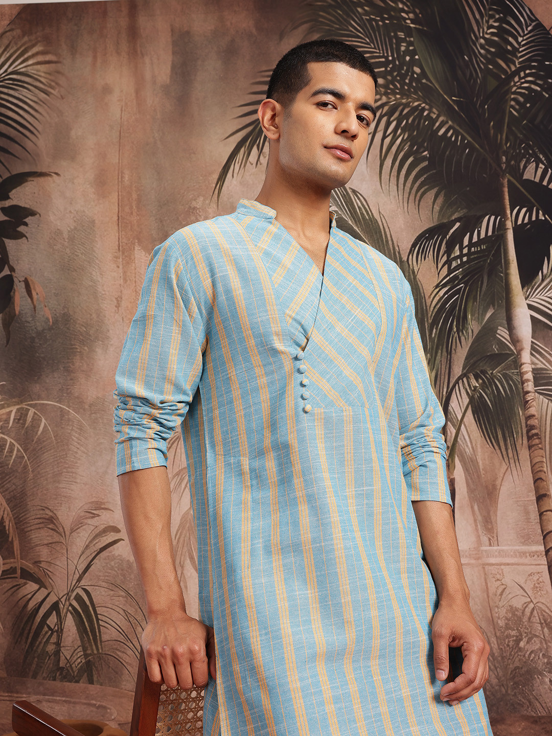Sangria Self-Checked Band Collar Angrakha-Style Straight Kurta with Mock Buttons
