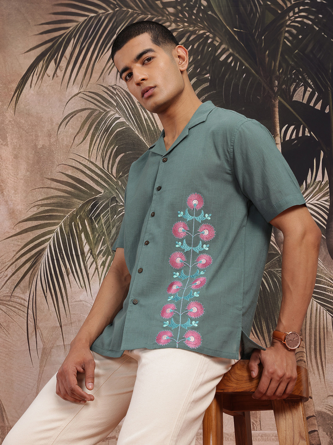 Green Floral Embroidered Regular Fit Shirt