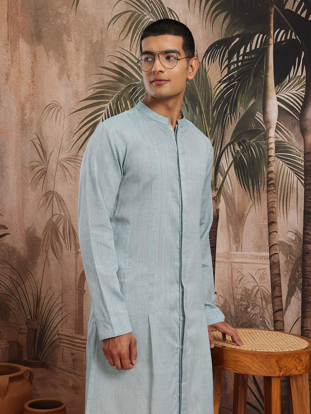 Sangria Mandarin Collar Button-Down Front-Open Straight Kurta