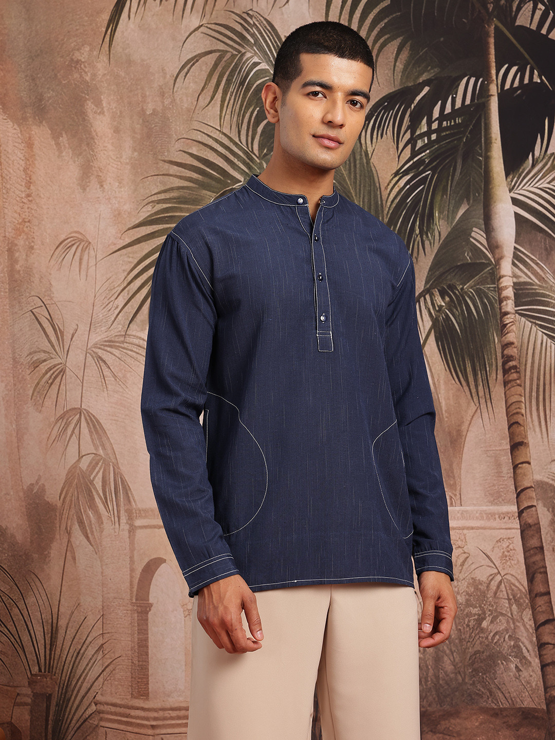 Sangria Contrast Stitch Shirt with Band Collar