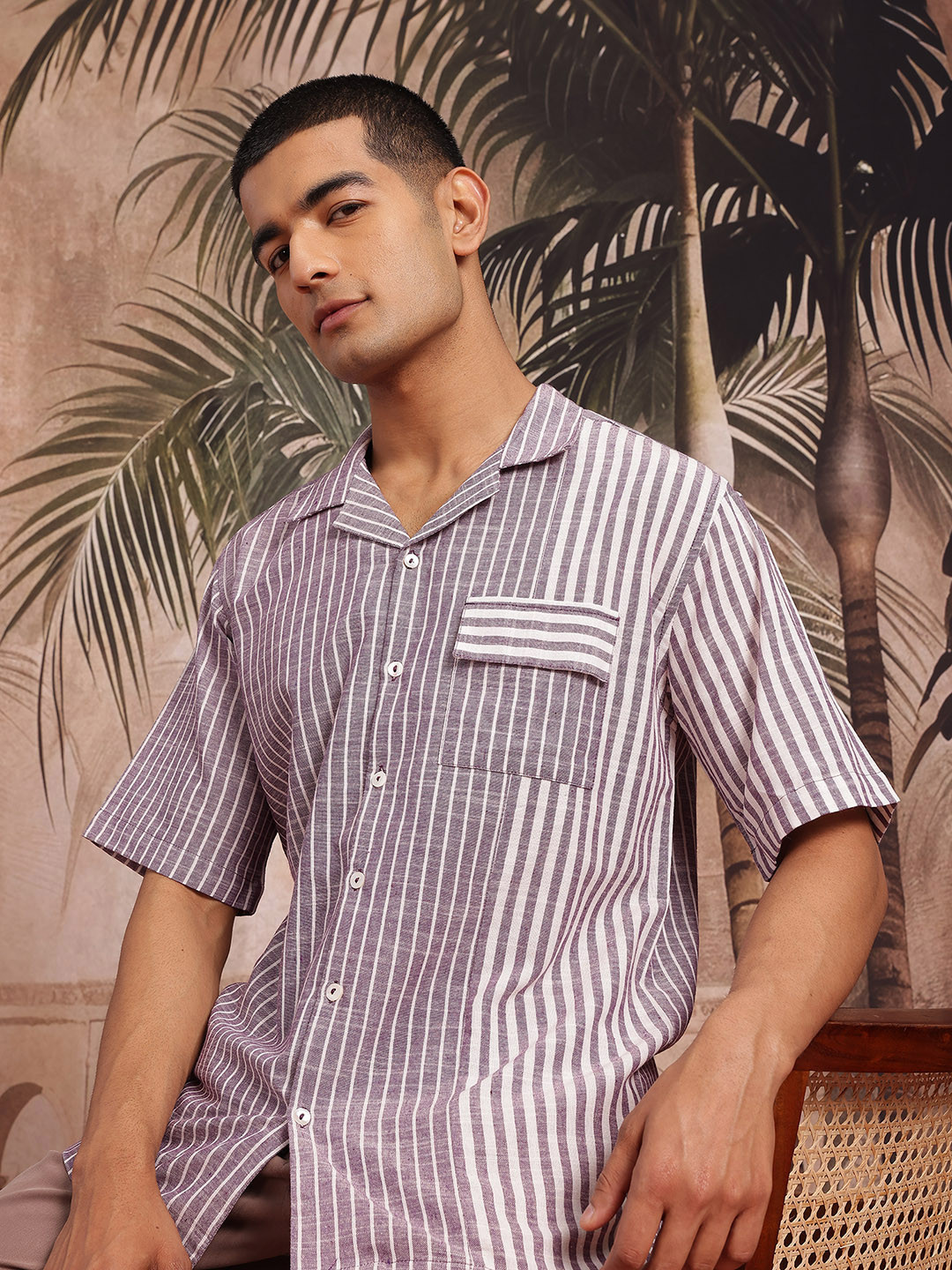 Sangria Cuban Collar Striped Casual Shirt
