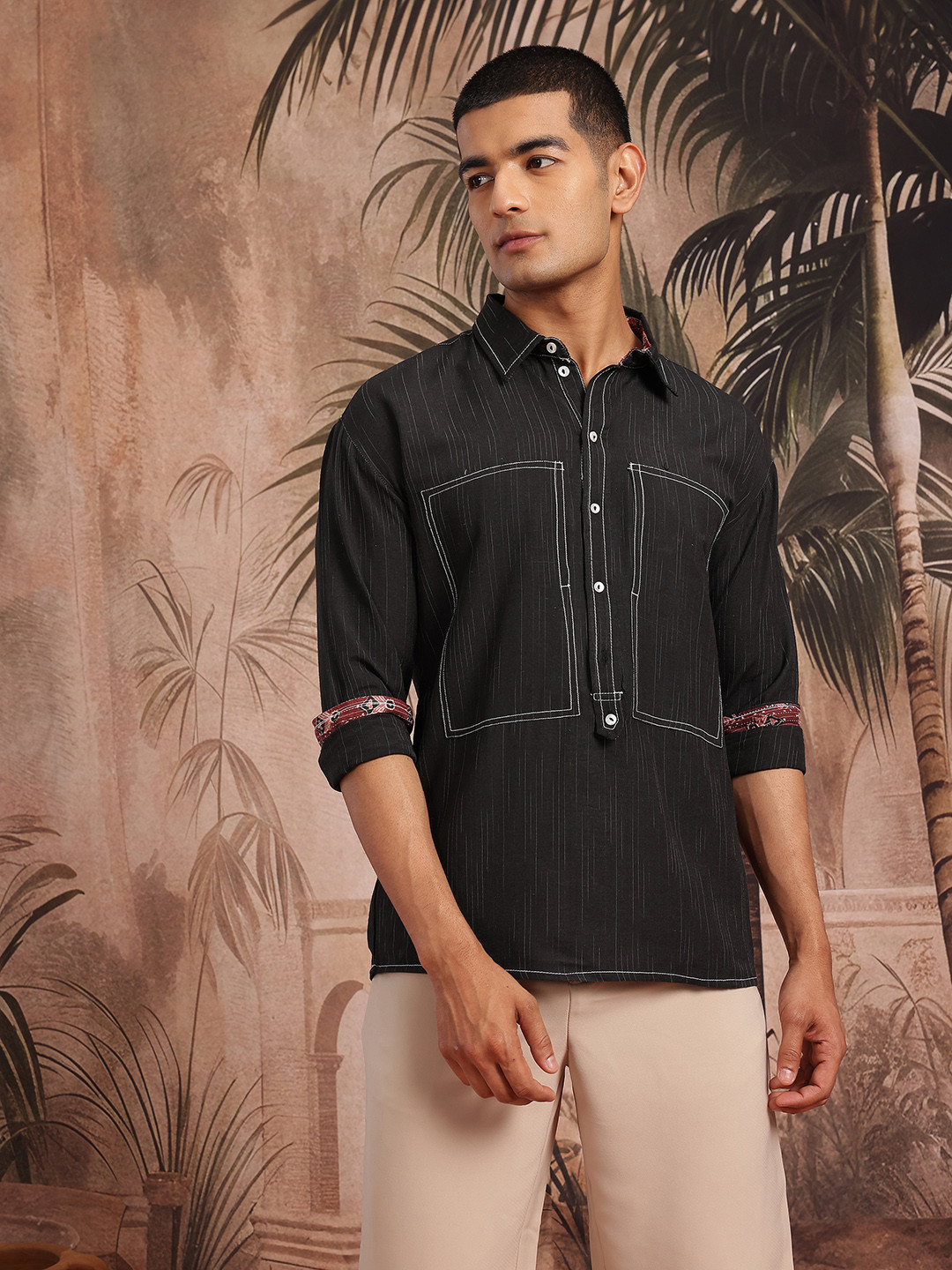 Sangria Contrast Stitch Striped Kurta