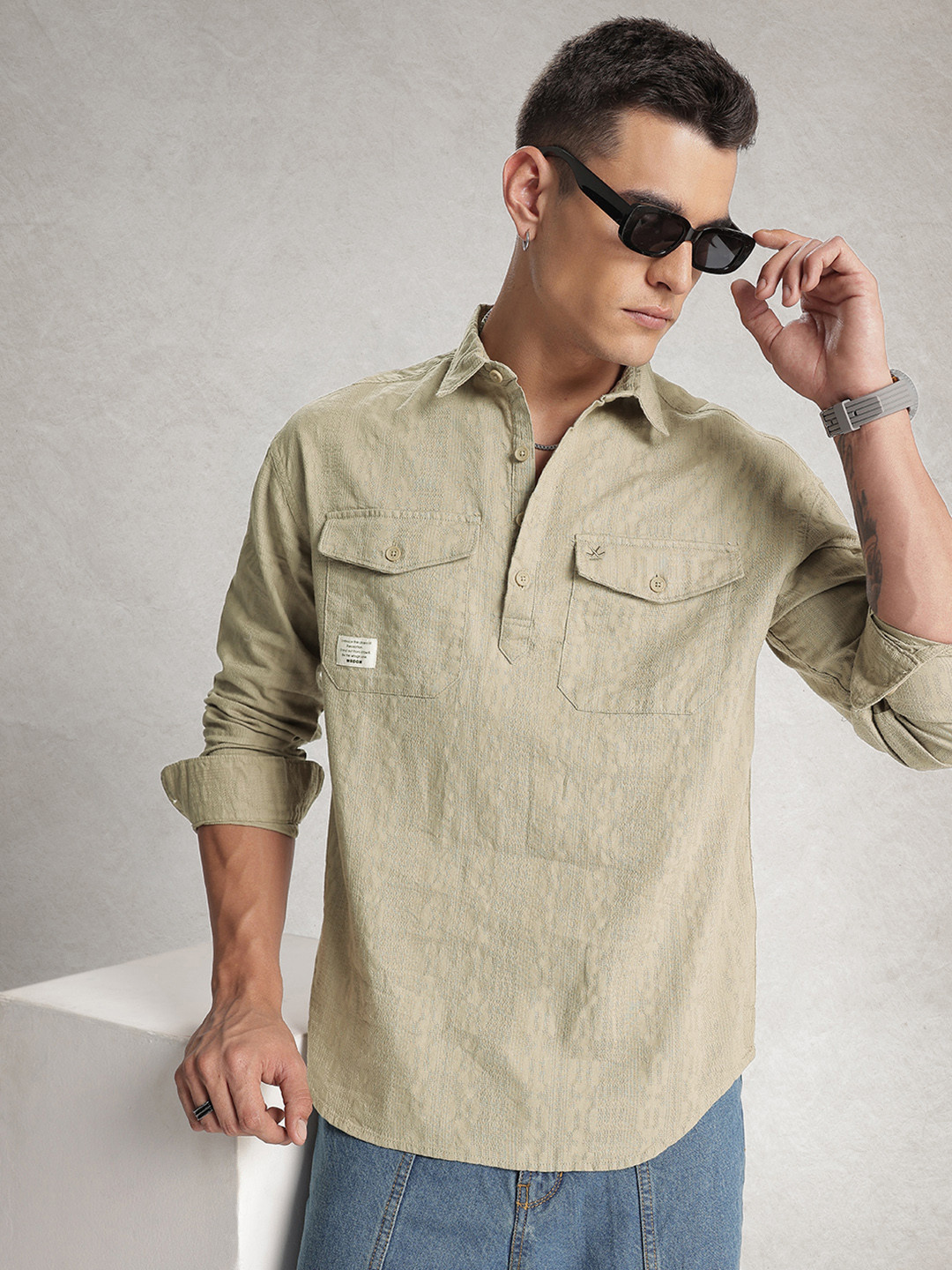 WROGN  Cotton Textured Drop-Shoulder Sleeves Oversized Casual Shirt