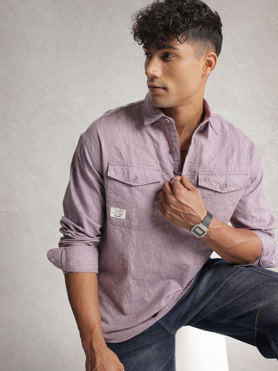 WROGN  Cotton Textured Drop-Shoulder Sleeves Oversized Casual Shirt