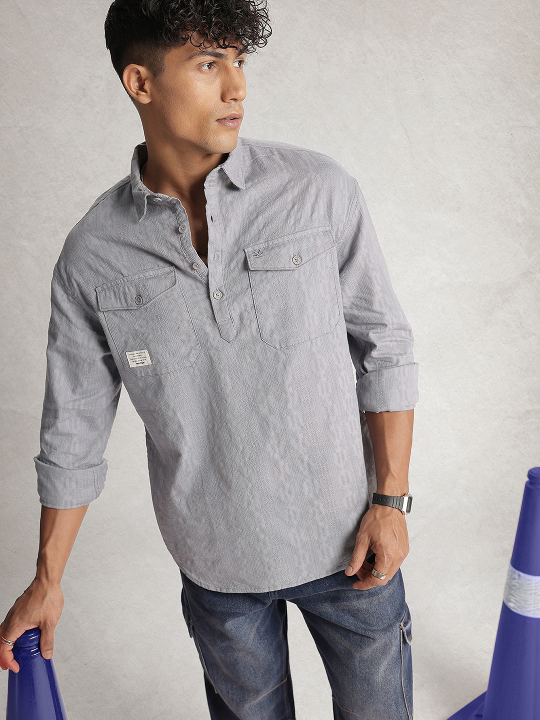 WROGN  Cotton Textured Drop-Shoulder Sleeves Oversized Casual Shirt