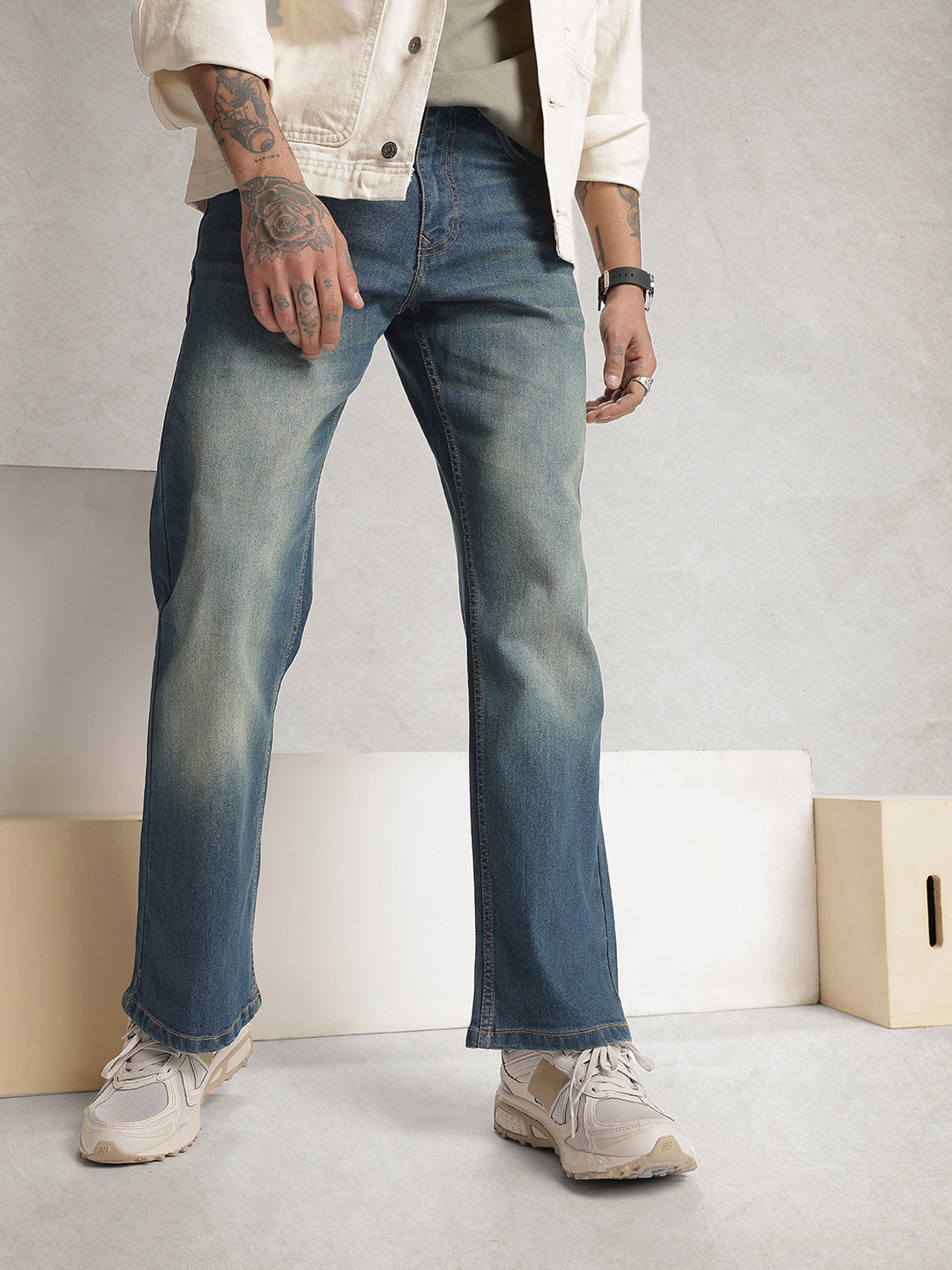 WROGN Men Bootcut Vintage Wash Heavy Fade Stretchable Jeans