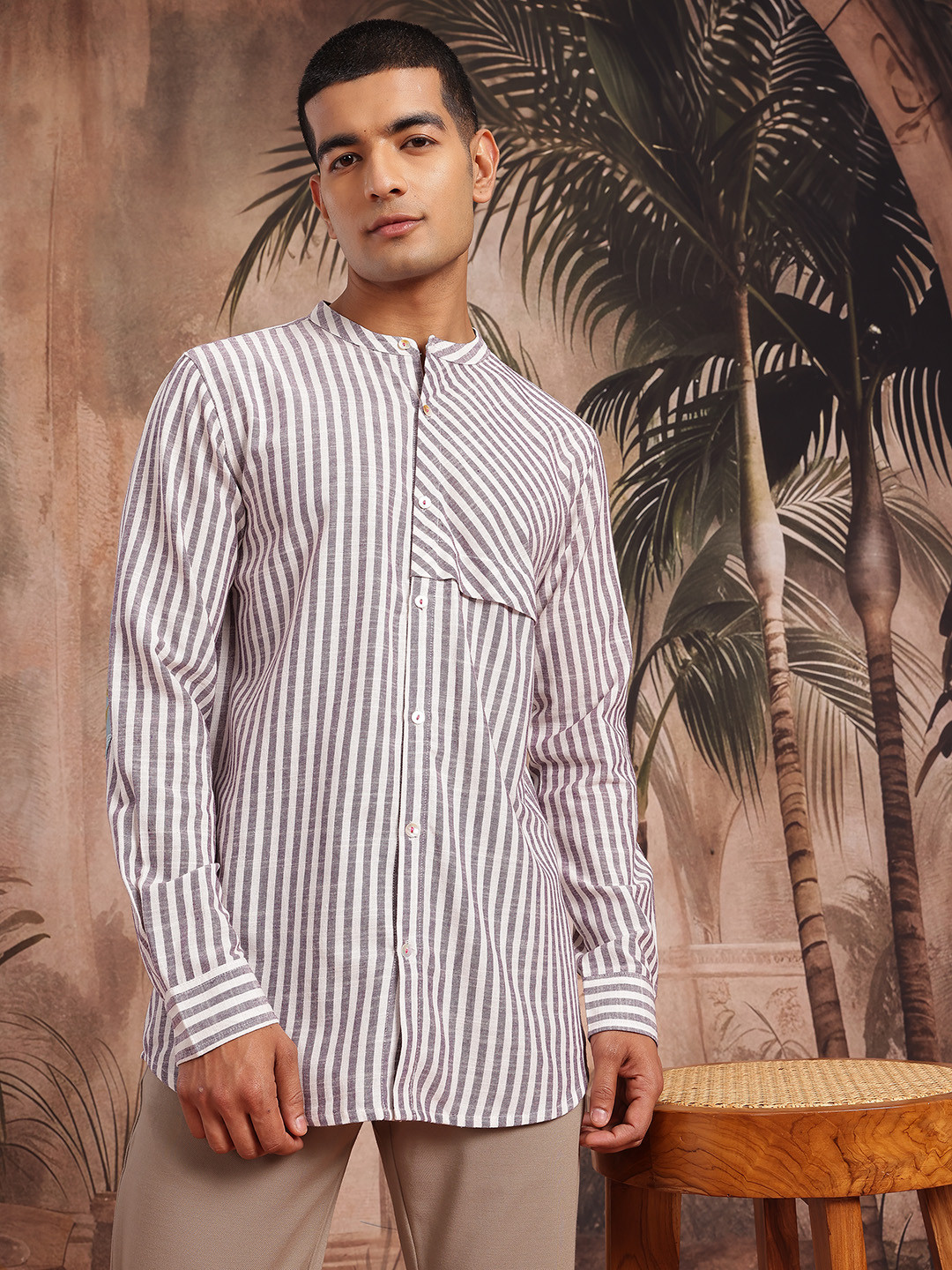 Sangria Vertically Striped Mandarin Collar Button-Down Straight Kurta with Patchworks