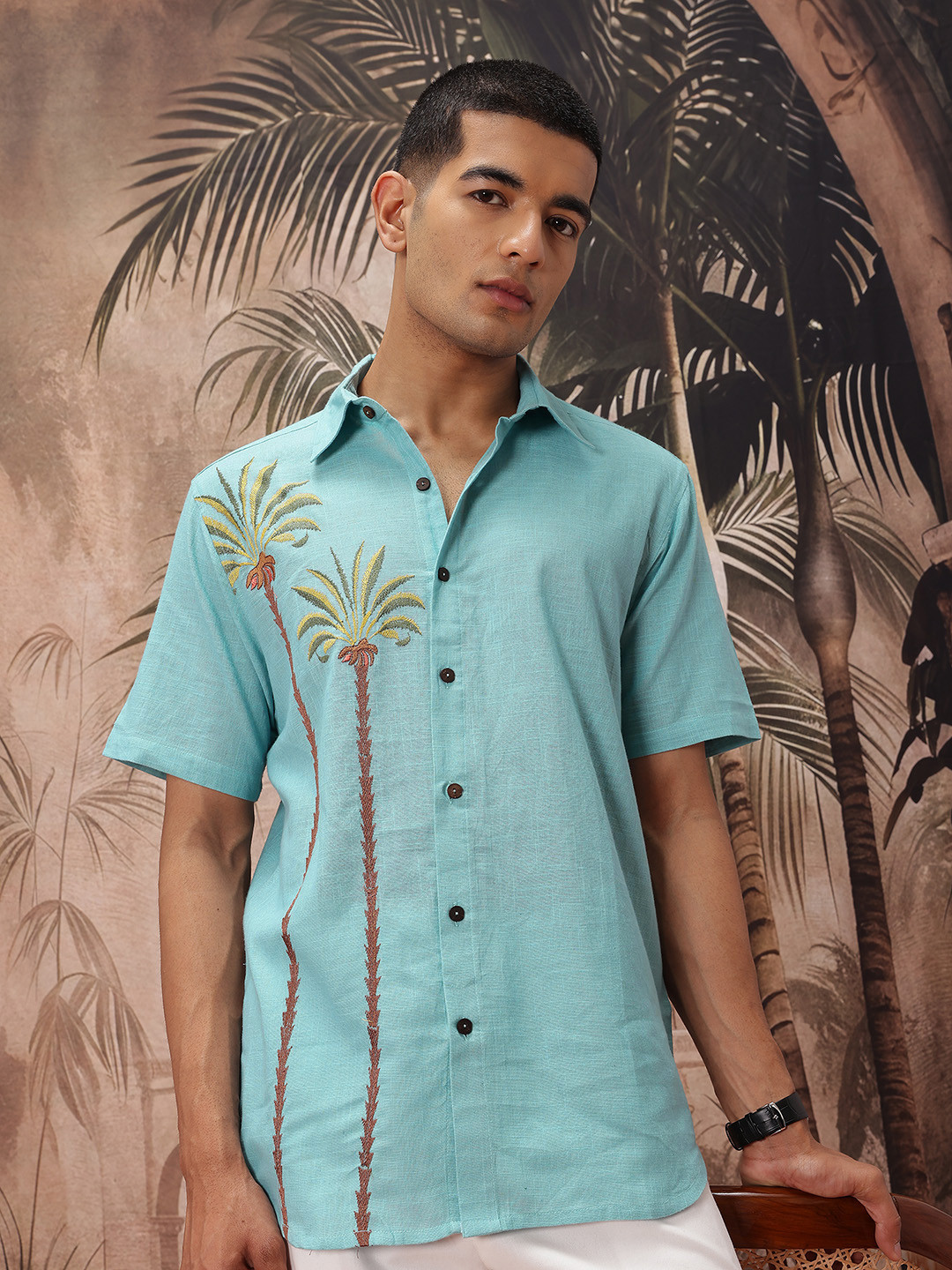 Sangria Tropical Embroidered Pure Cotton Shirt