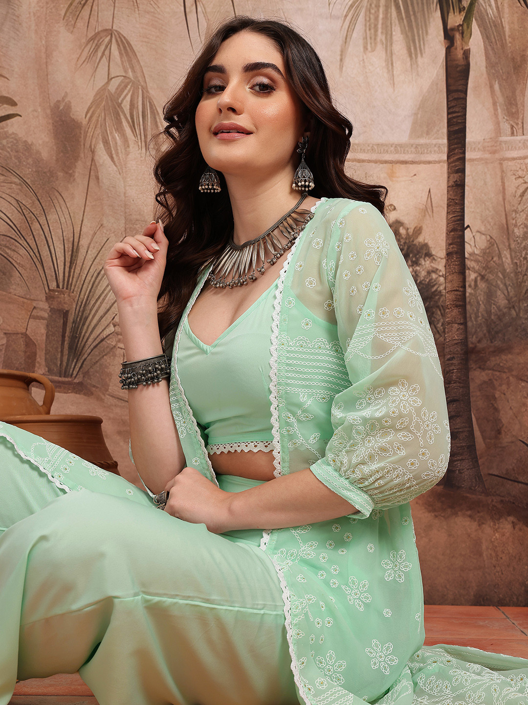 Sangria Floral Co-Ords With Sheer Shrug