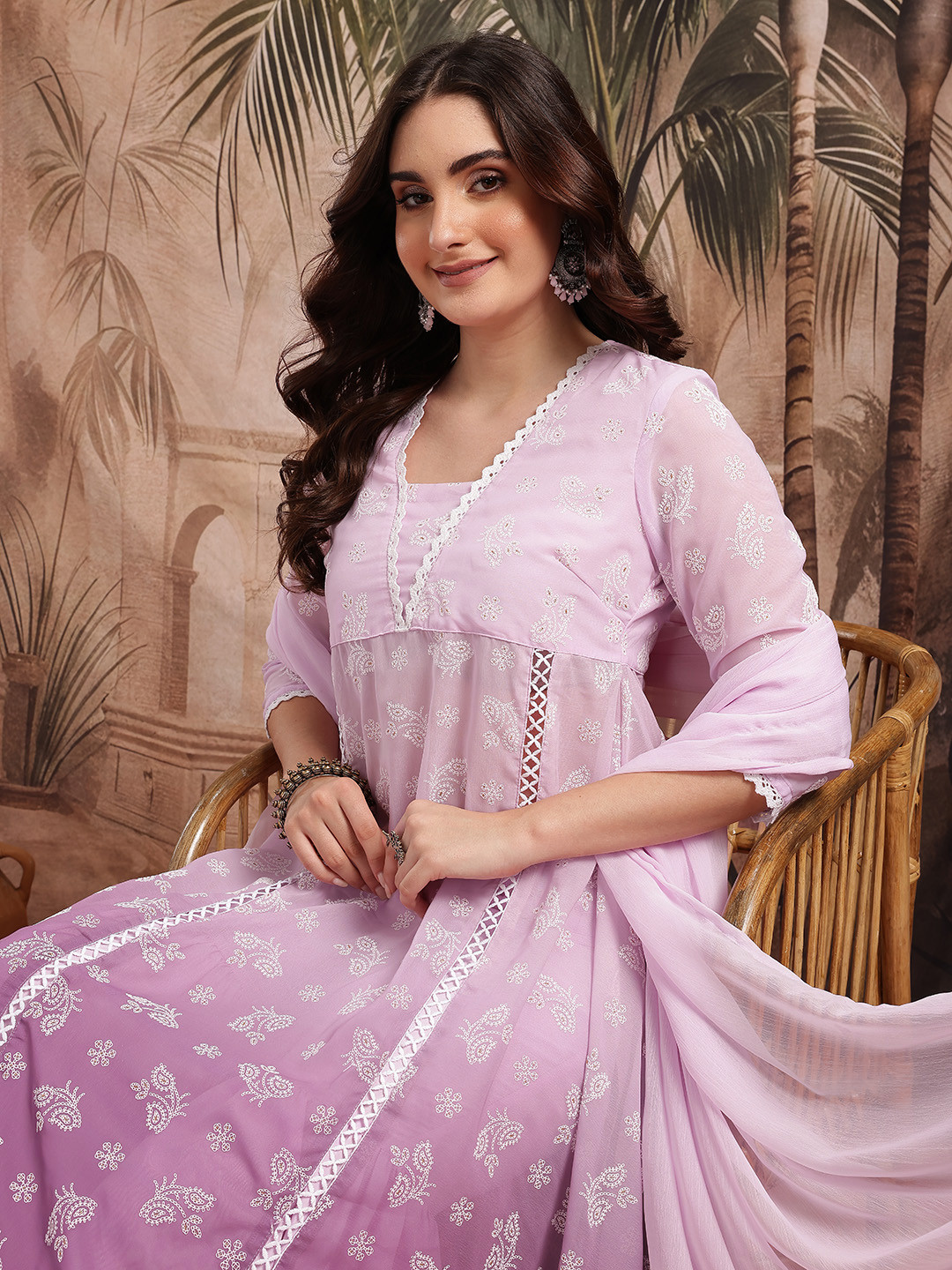 Sangria Floral Printed Semi Sheer Panelled Kurta with Sharara & Dupatta