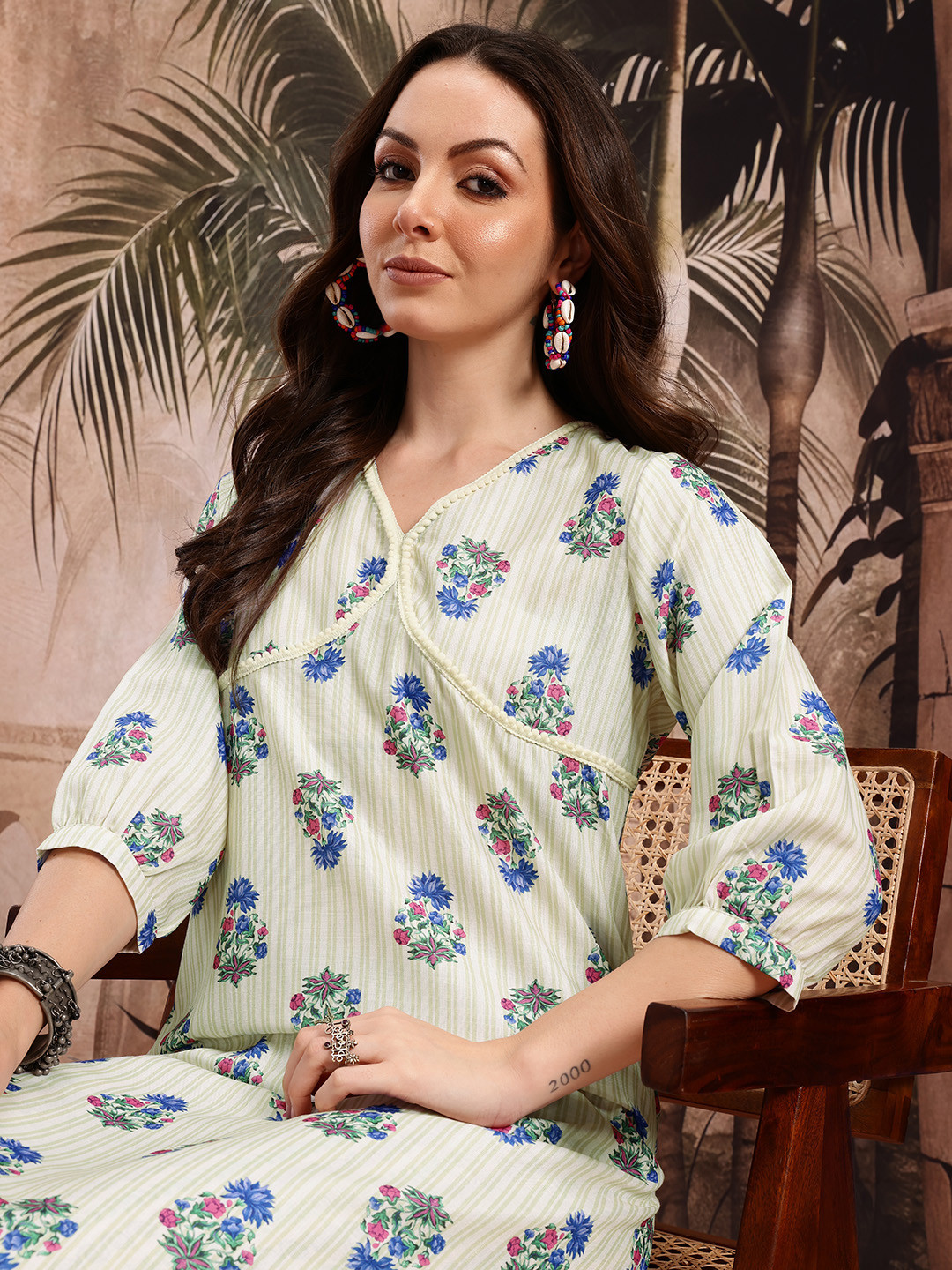Sangria Floral Print Layered Kurta with Trousers