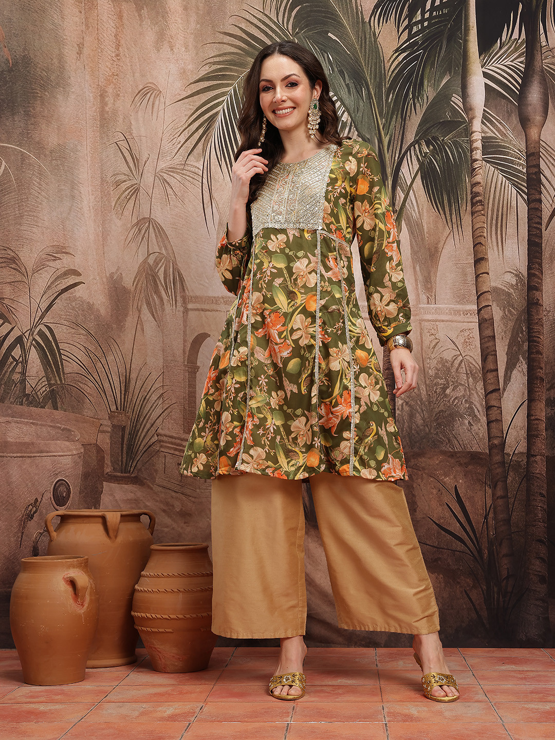 Sangria Women Floral Printed Sequined Zari Work Empire Style A-Line Kurta